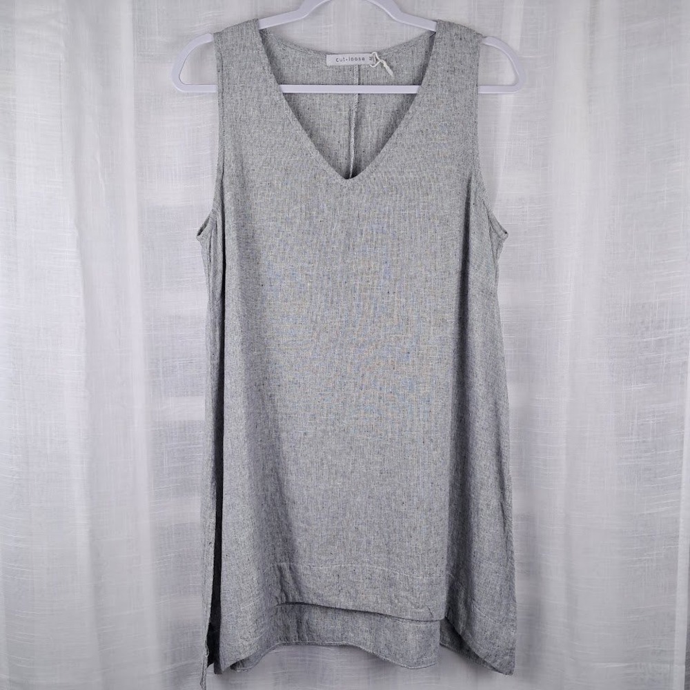 Cut Loose M Grey Linen Cotton Blend V-Neck Sleeveless Tunic Top High Low Hem